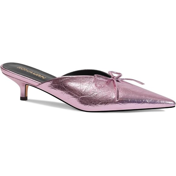 Pink Pointed Toe Heels Women Slip On Low Kitten Heel Mules With Bow Elegant - Picture 1 of 8